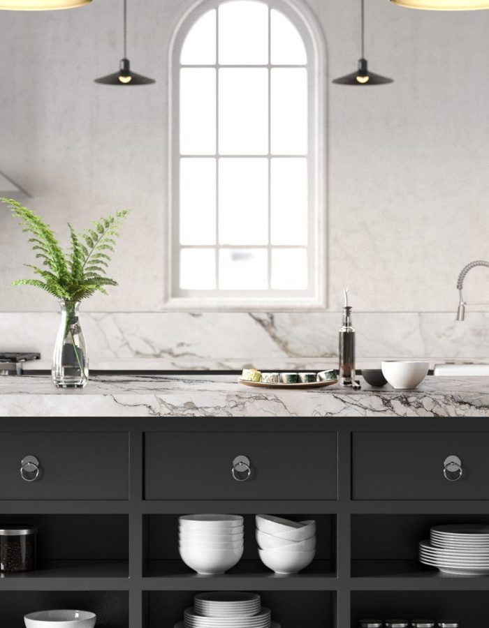 Black industrial kitchen. Render image.